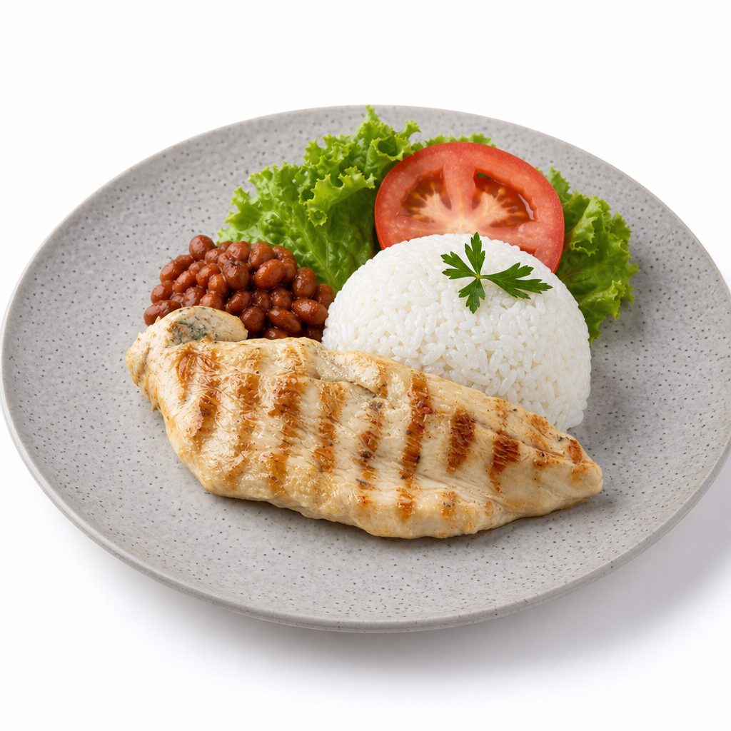 34. Cơm Gà Nướng / Steamed Rice w/Grilled Chicken Strips.