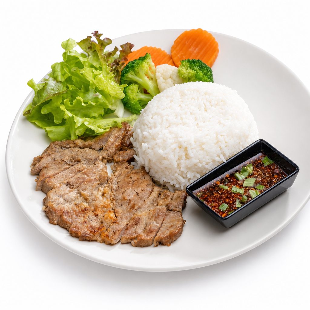 32. Cơm Đặc Biệt / Steamed Rice w/Fried Egg, Shrimp, Grilled Pork.
