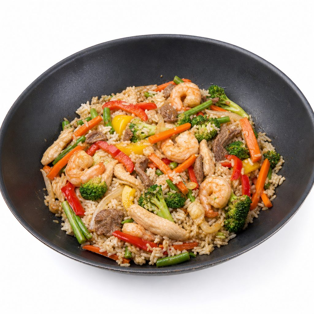BB. Cơm Xào Thập Cẩm / Steamed Rice w/Stir Fried Vege, Shrimp, Beef, Chicken.