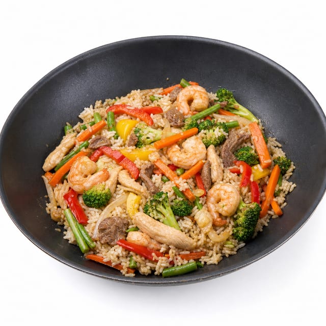 BB. Cơm Xào Thập Cẩm / Steamed Rice w/Stir Fried Vege, Shrimp, Beef, Chicken.