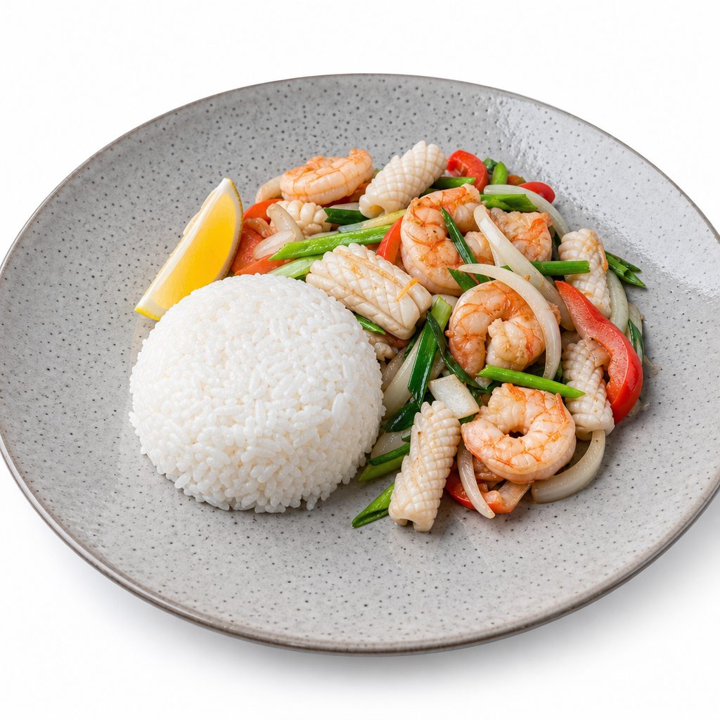 EE. Cơm Xào Hải Sản / Steamed Rice w/Stir Fried Vege, Seafood.